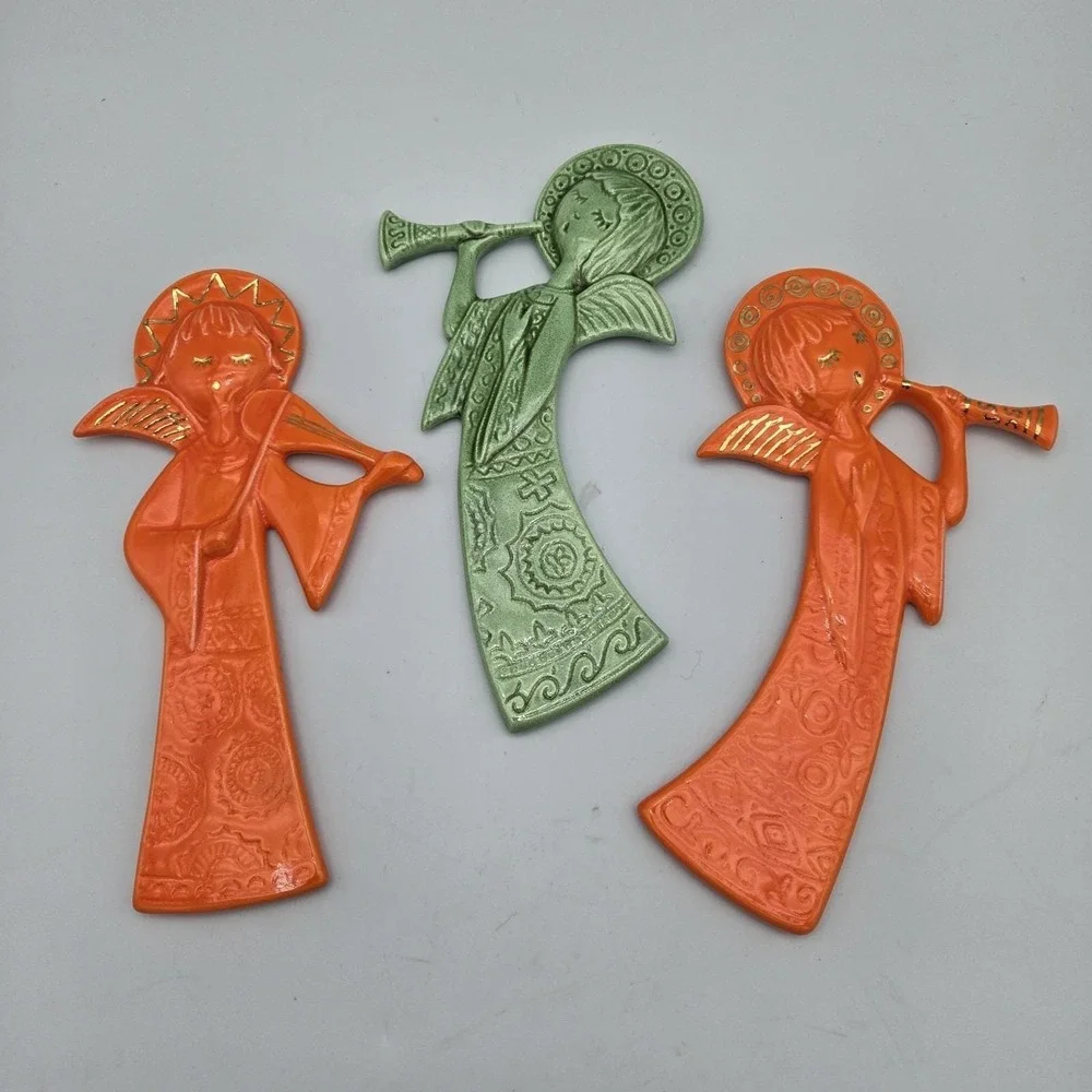 Vintage Ceramic Angels Playing Music Instruments Set of 3 Wall Plaque MCM Kitsch